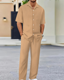 Herren Freizeit-Zweiteiler mit Kurzarm-Hemd und bequemer Hose – Khaki
