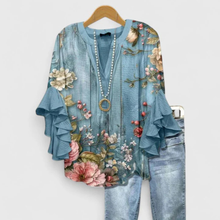 Viviane | Damen Blumen Rüschenärmel Casual Top – Blumen Blau