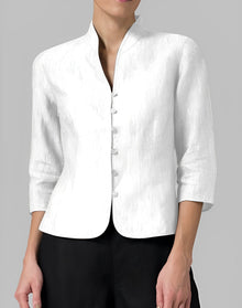 Madeline - Damen-Leinenbluse mit Stehkragen – Weiß