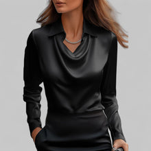 Rose Damen langärmelige Satinbluse mit Drapierung – Schwarz
