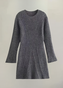 Damen Strickkleid – Rippstrick – Langarm – Bequemer Sitz – Grau