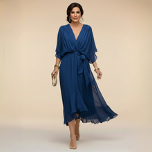 Marta | Damen Chiffonkleid V-Ausschnitt – Fließendes Chiffon Kleid – Blau