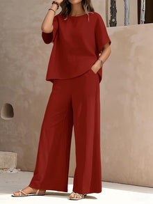 Josy – Set Aus Kurzärmeliger Bluse Und Hose mit Weitem Bein – Burgund