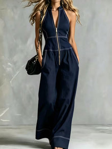 Bryana – Gestreifter Patchwork Jumpsuit – Blau