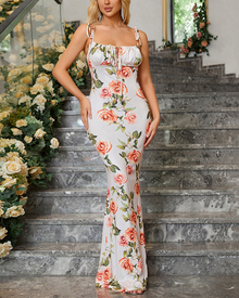 Maxikleid mit Mermaid-Schnitt | Zarte Träger | Femininer Print – Khaki