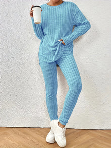 Lässiges Langarm-Crewneck-Oberteil Und High-Waist-Skinny-Hosen-Set Für Damen | Ideal für Outdoor-Aktivitäten – Blau