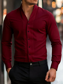 Almasbek - Langärmliges Hemd Mit V-Ausschnitt in Slim Fit Passform – Burgund