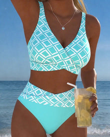Chelvi - Eleganter Zweiteiliger Bikini mit Rautenmuster – Blau