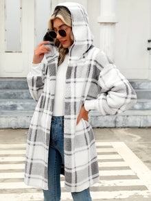 Lässiger hooded karierten Fleece-Strickwaren-Cardigan für Damen | Perfekt für Lässige Tage – Weiß