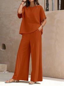 Josy – Set Aus Kurzärmeliger Bluse Und Hose mit Weitem Bein – Mandarine