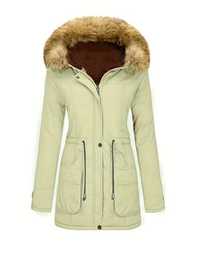 Fleece-Parka-Winterjacke mit veganer Fell-Kapuze für Damen, lässig | Perfekt für den Winter – Matcha