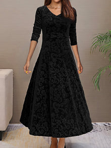 Elegantes V-Ausschnitt Langarm Blumenmusterformelles Kleid Für Damen | Für formelle Anlässe – Schwarz