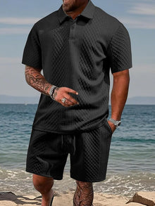 Niall - Strukturiertes Set aus Poloshirt und Shorts – Schwarz