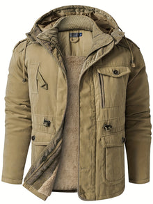 Warme Fleece Kapuzen Cargo Winterjacke | Perfekt für Outdoor-Aktivitäten – Khaki