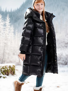 Kolrith | Mädchen Winter dicker langer warmer Kapuzenmantel – Schwarz
