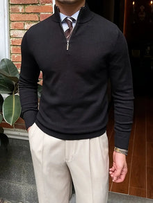 Bequemer Herrenpullover mit Halbzip - Leonardo – Schwarz