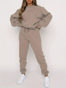Oversized Rundhals-Langarm-Pullover Und Jogginghose Mit Kordelzug Für Damen | Ideal für Outdoor-Aktivitäten – Beige