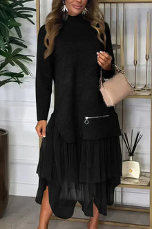 Kleid mit Rollkragen | Tüllrock | Layering-Design mit Reißverschlussdetail – Schwarz