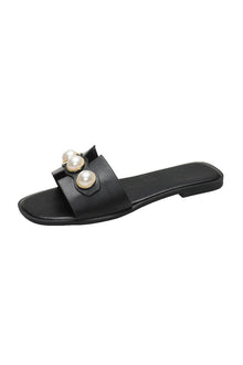 Ellie | Leichtgewicht Leder Designer Slides mit Riesig Perlenverzierung – Schwarz
