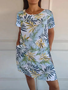 Damen Baumwolle Leinen Bedrucktes Sommerkleid mit Taschen – Blau-Grün