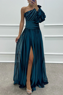 Katrina | Einschulter Asymmetrisch Maxi Hochzeitsgastkleid – Marineblau