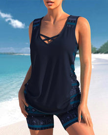 Tankini-Set mit Musterdetails | Überkreuzter V-Ausschnitt | Figurumschmeichelnd – Dunkel blau