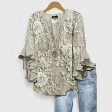Viviane | Damen Blumen Rüschenärmel Casual Top – Hellbraun