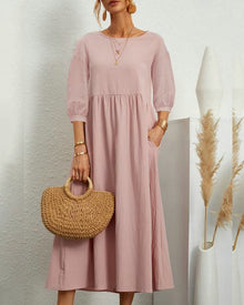 Midikleid mit Rundhalsausschnitt & Laternenärmeln – Selina – Rosa