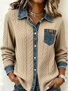 Eryna – Langärmliges Shirt mit Zopfmuster und Jeanskragen – Khaki