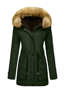 Fleece-Parka-Winterjacke mit veganer Fell-Kapuze für Damen, lässig | Perfekt für den Winter – Dunkelgrün