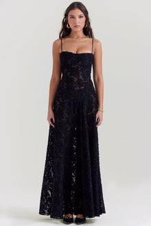 Elegantes Maxikleid mit 3D-Rosen & Rückenausschnitt – Schwarz