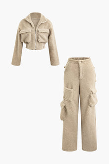 Misha | Teddy-Zweiteiler mit Cargohose & Cropped-Jacke – Beige