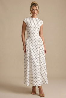 Damen Maxikleid mit Punkten, rundem Ausschnitt und A-Linien Silhouette – Weiß