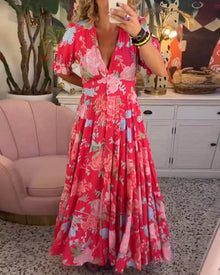 Ellis | V-Ausschnitt Blumenweinendes Kleid – Rot