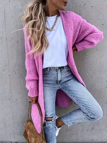 Warme Lange Einfarbige Gestrickte Strickjacke Für Damen | Ideal für Herbst und Winter – Rosa