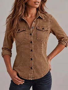Rihana – Top Aus Vintage Denim mit Gerafftem Kragen – Khaki