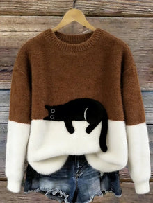 Aiste - Lässiger Pullover Mit Katzenmotiv – Braun
