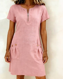 Krystan – Kurzärmeliges Utility Kleid Mit Reißverschluss Vorne – Rosa