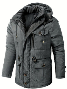 Warme Fleece Kapuzen Cargo Winterjacke | Perfekt für Outdoor-Aktivitäten – Grau