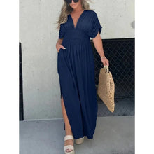 Elegantes Maxikleid Damen Sommer mit Schlitz & V-Ausschnitt | Langes Boho Strandkleid – Marineblau