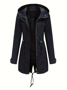 Damen Langarm Wasserdichter Trenchcoat | Mit Kapuze – Schwarz