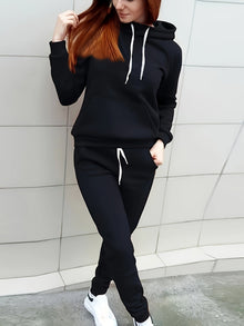 Lässiges Kapuzenjacke-Set Mit Taschen Und Jogginghose Für Damen | Ideal für Outdoor-Aktivitäten – Schwarz