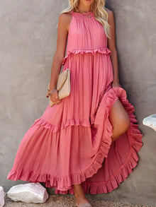 Boho Maxikleid mit Volants & Neckholder-Ausschnitt – Sommerlich & Feminin – Rosa