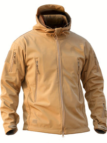 Taktische Fleece-Softshell-Kapuzenjacke Mit Reißverschlusstaschen Für Herren | Perfekt für Outdoor-Aktivitäten – Erd-Gelb