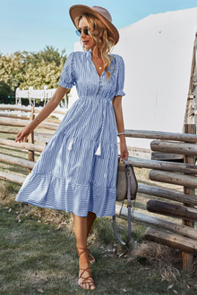 Emily™ – Damen Midikleid Sommer V-Ausschnitt mit Gummizug & Leichtem Stoff – Blau