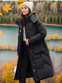 Elegante Warme Lange Puffer Winterjacke mit Kapuze für Damen | Ideal für den Winter – Schwarz