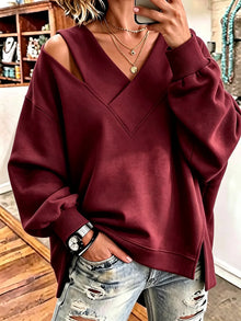 Kirstan – Schickes Oversize Sweatshirt Mit V-Ausschnitt Und Cut-out – Burgund