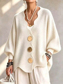 Gilian – Strickjacke Mit Knopfleiste Und Wellenrand – Beige