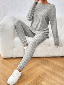 Lässiges Langarm-Crewneck-Oberteil Und High-Waist-Skinny-Hosen-Set Für Damen | Ideal für Outdoor-Aktivitäten – Grau