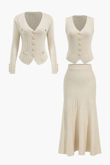 Estelle | Strick-Set mit Blazer, Weste & Midirock – Beige
